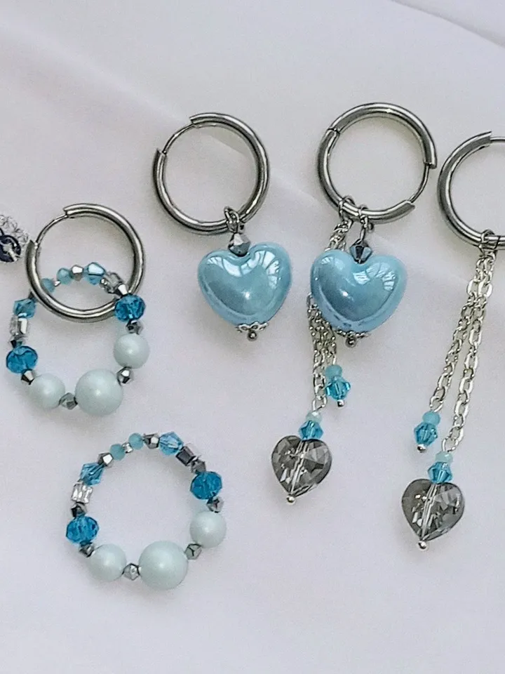 Handmade hoop earrings transformers with 6 pendants, blue and silver heart shaped earrings, Swarovski pearls earrings