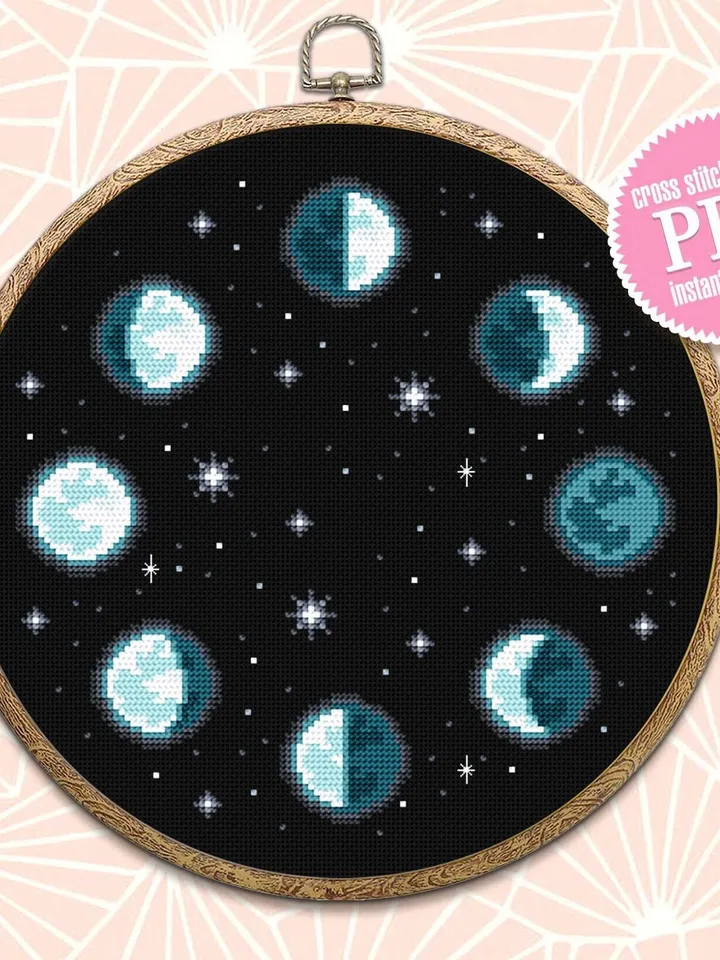 Moon phases cross stitch pattern download PDF Space cross stitch, Lunar pattern PDF, Simple cross stitch chart, Moon phase decor #L59