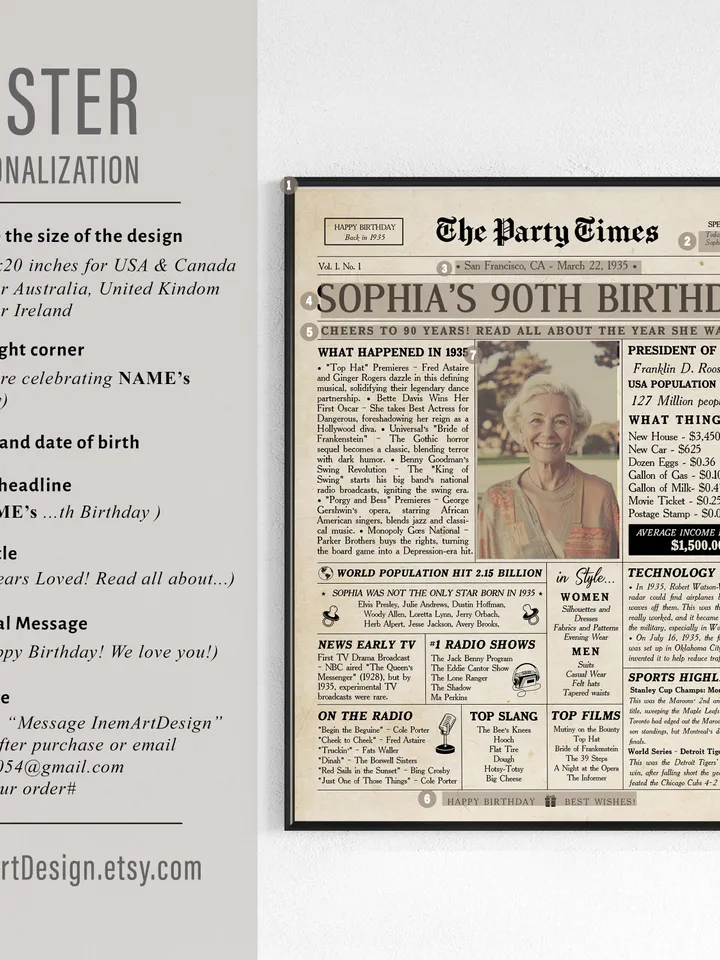 90th birthday newspaper poster for women born in 1935 back in 1935 printable sign personalized 90th birthday gift vintage style decor