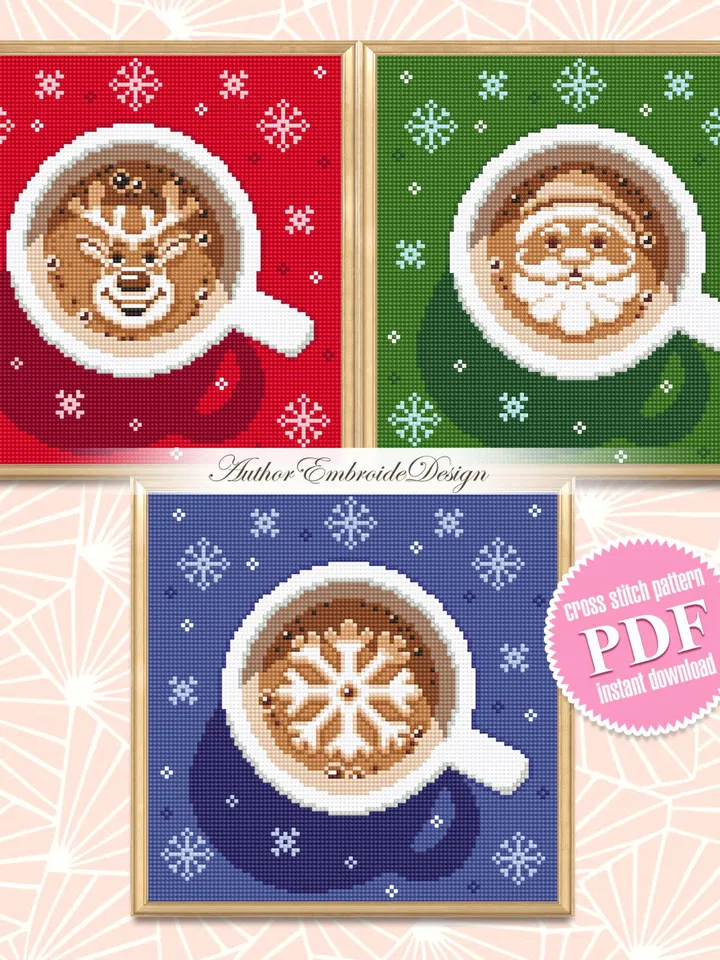 Set Christmas coffee cross stitch pattern PDF download Christmas cross stitch chart, Cup of latte cappuccino coffee, Snowflake, Deer #N150