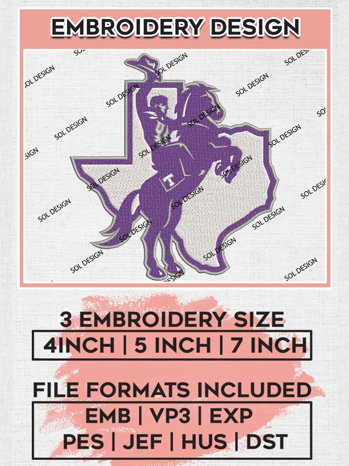 NCAA Tarleton State Texans Football Team Logo Embroidery Design Files, NCAA Tarleton State Texans Machine Embroidery, NCAA Teams, Game Day, 3 sizes, NCAA Machine embroidery designs, Digital Download