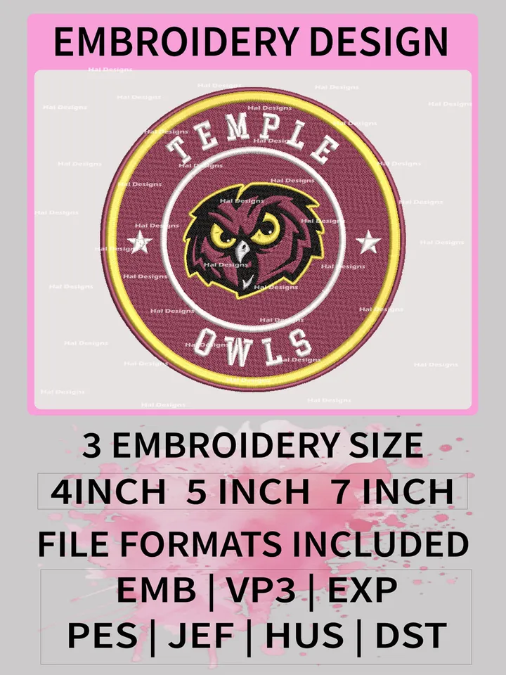 Temple Owls Embroidery Files, NCAA Logo Embroidery Designs, NCAA Owls, Machine Embroidery Designs