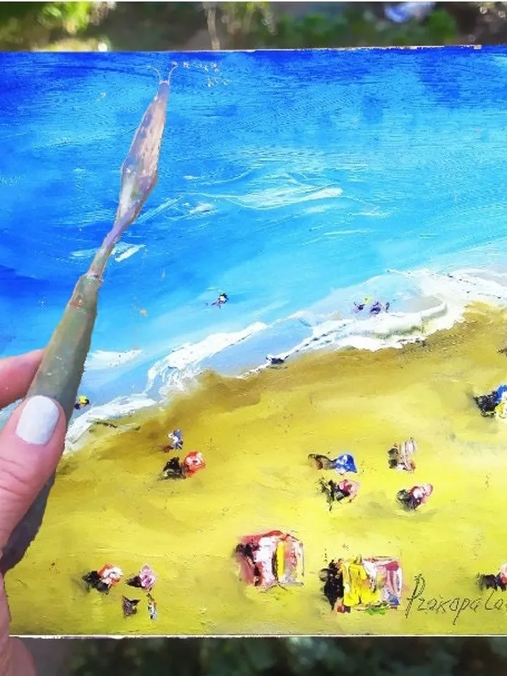 Beach Painting Seascape Original Art 8 by 8 Inches Coast Oil Impasto Painting Florida People on Beach Wall Art by ArtProkopaloSv