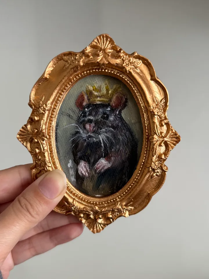 Set of 2 Royal Rats Oil Paintings Original In Vintage Style Frame Small Framed Dark Academia Painting Art Rat Portrait Mice Art Set of 2 Artworks