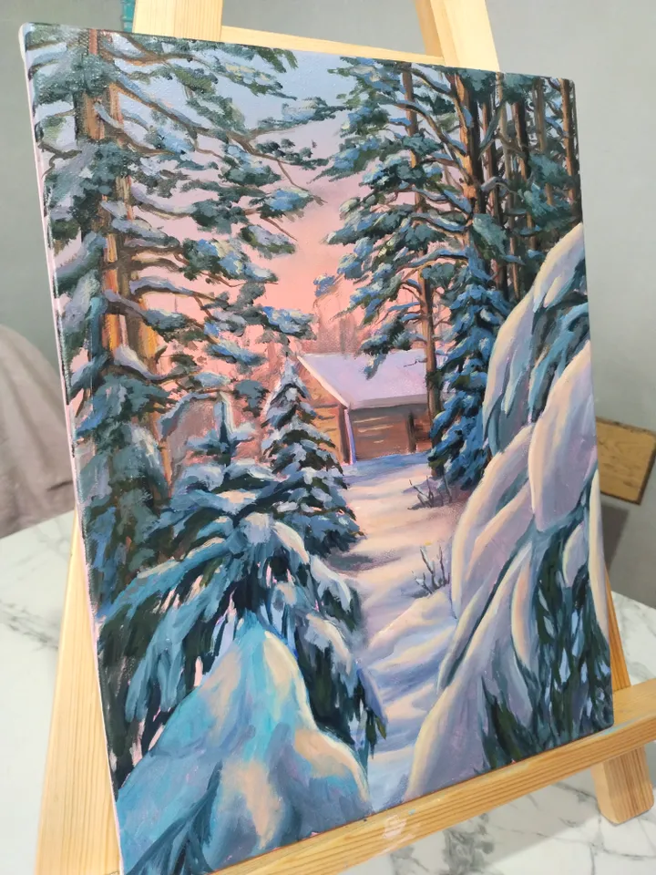 Winter Landscape Oil Painting Snow Covered Trees Small House in Forest Artwork on Canvas