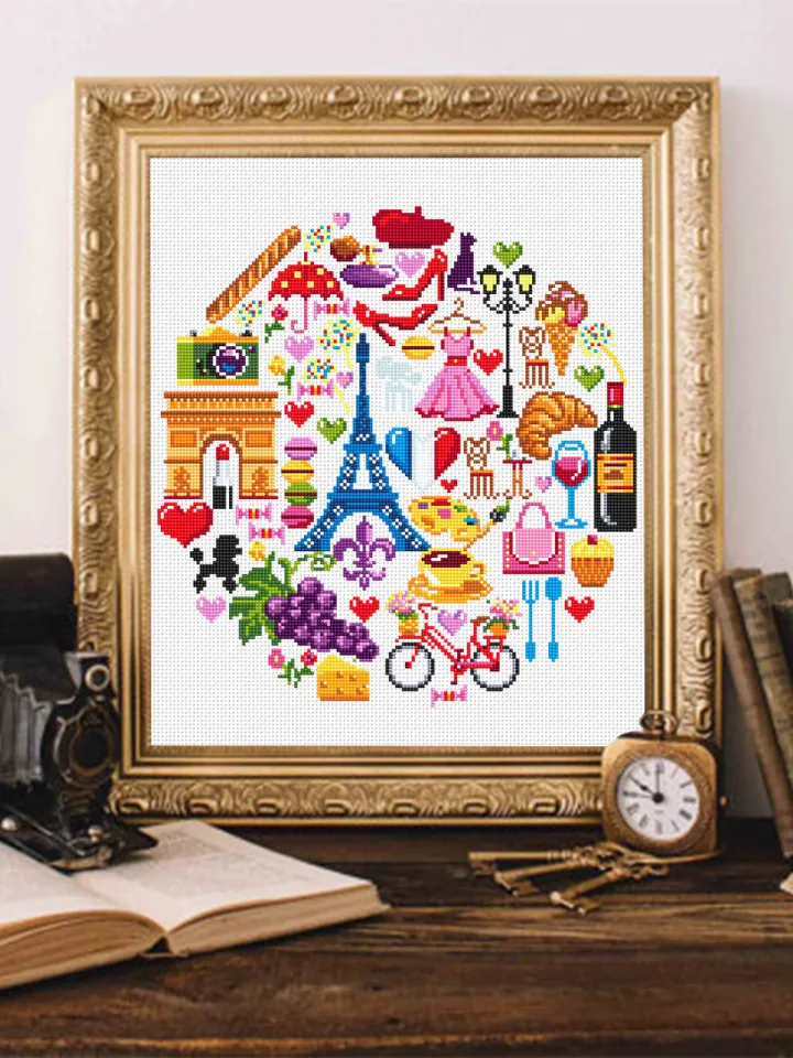 France cross stitch pattern download PDF French sampler PDF Paris cross stitch chart Travel beginner stitch Paris pattern round sampler #E6
