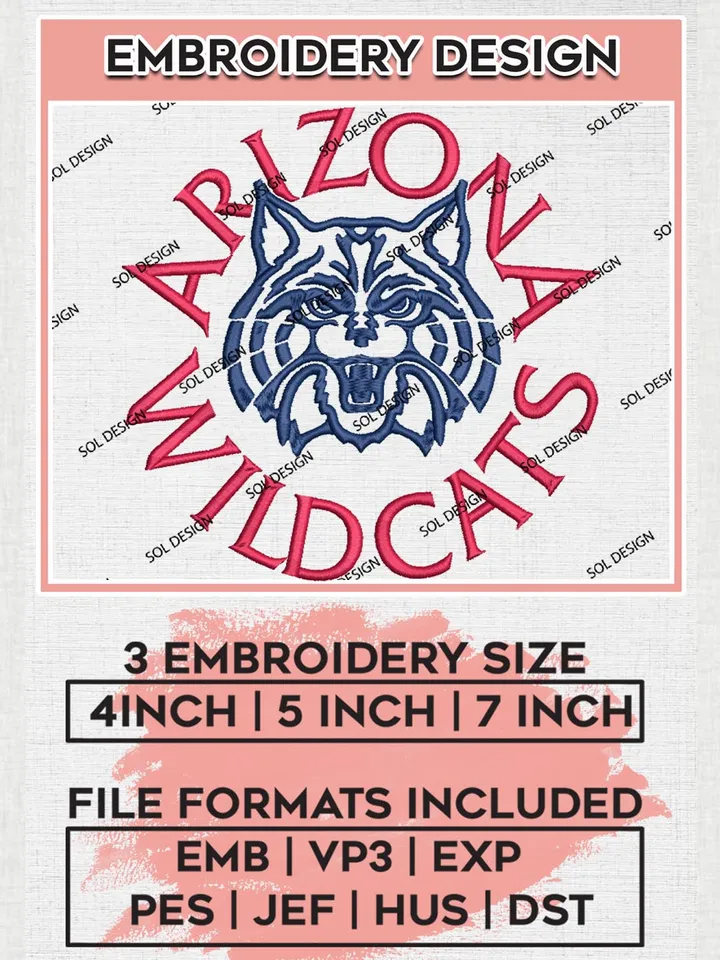 Arizona Wildcats NCAA Team Logo Embroidery Design Files, NCAA Arizona Wildcats Machine Embroidery, NCAA Teams, 3 sizes, NCAA Machine embroidery designs, Digital Download