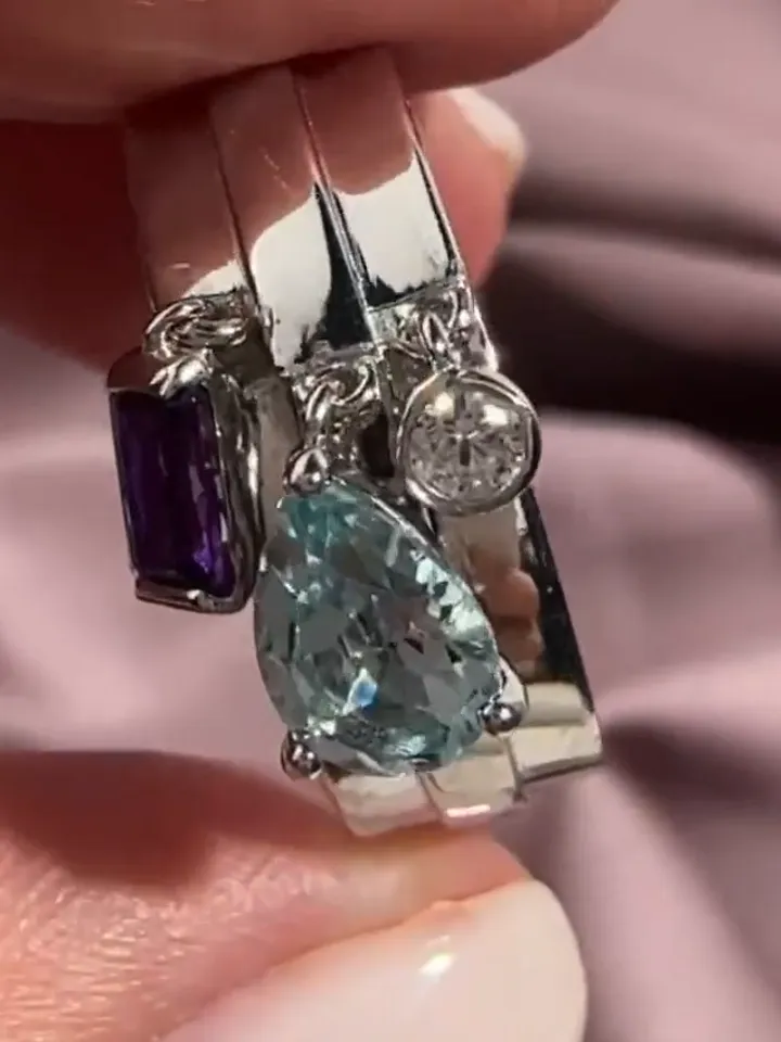 Ring with cubic zirconia, natural amethyst and topaz, 925 silver