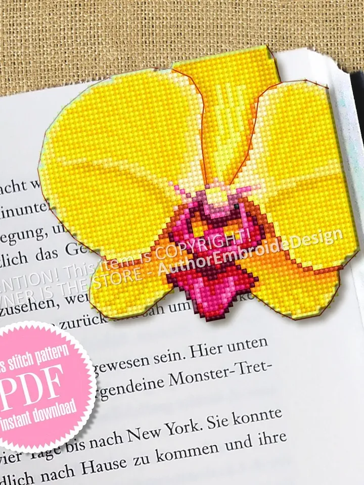 Corner bookmark cross stitch pattern PDF download Yellow orchid cross stitch chart Flower bookmark pattern digital PDF Book lover gift #B315