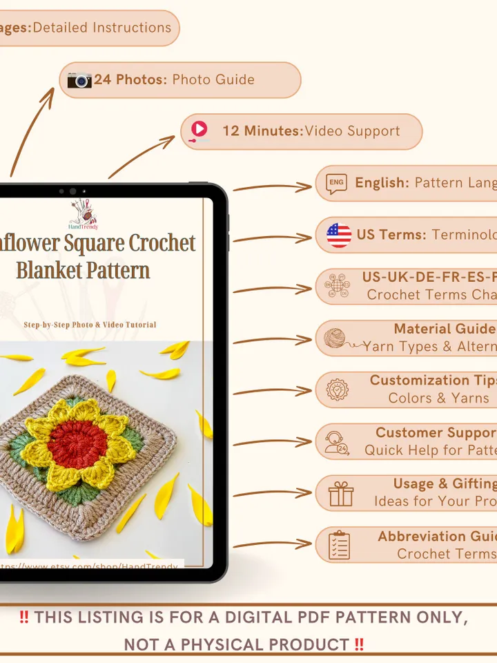 Sunflower Square Crochet Blanket Pattern - Perfect Housewarming or Mother's Day Gifts - Crochet Flower Coaster for Kitchen and Dining