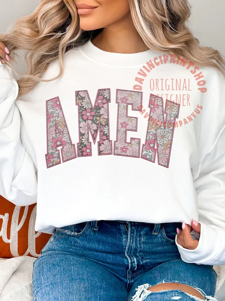 2 files, Amen Faux Embroidered png, Amen png, Easter png, Easter Christian png, Floral Easter png, Bible verse png, Floral sublimation, png
