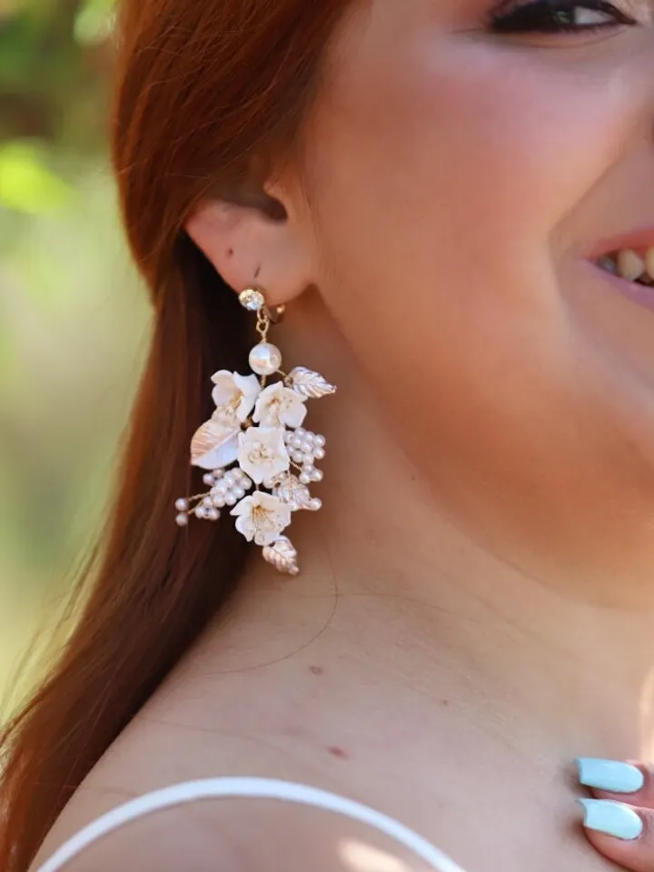 Porcelain Flower Wedding Earrings, Rose Gold Floral Statement Bridal Earrings, Pearl Boho Wedding Earrings, Statement Wedding Jewelry Set,