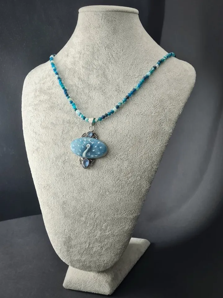 White peacock on blue necklace Miniature painting on Dendritic Agate Stone opal