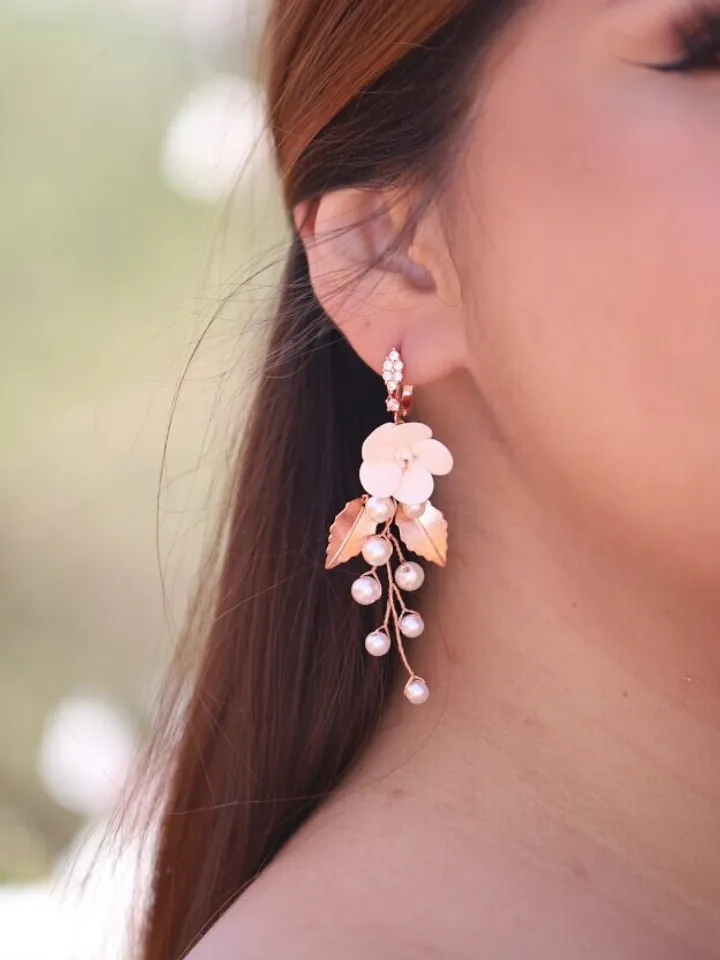 Long Boho Wedding Earrings, Porcelain Flowers Bridal Earrings, Rose Gold Statement Leaf Wedding Jewelry Set, Pearl Crystal Wedding Jewellery
