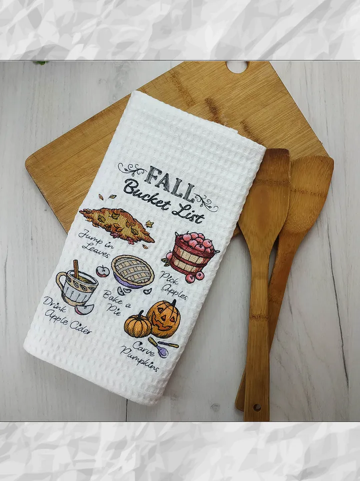Fall waffle towel "Fall Bucket list", embroidered kitchen towels, kitchen towels with hanging loop, hanging dish towel