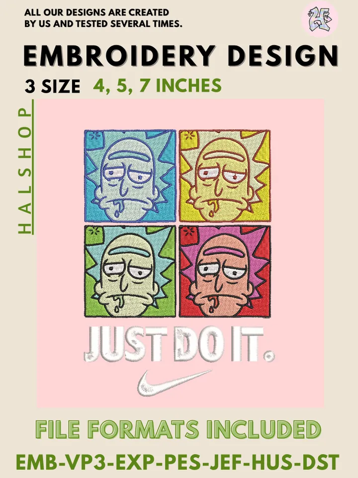 Rick x Nike “Just Do It” Machine Embroidery Design – Rick and Morty Cartoon Digital Embroidery File 🛸