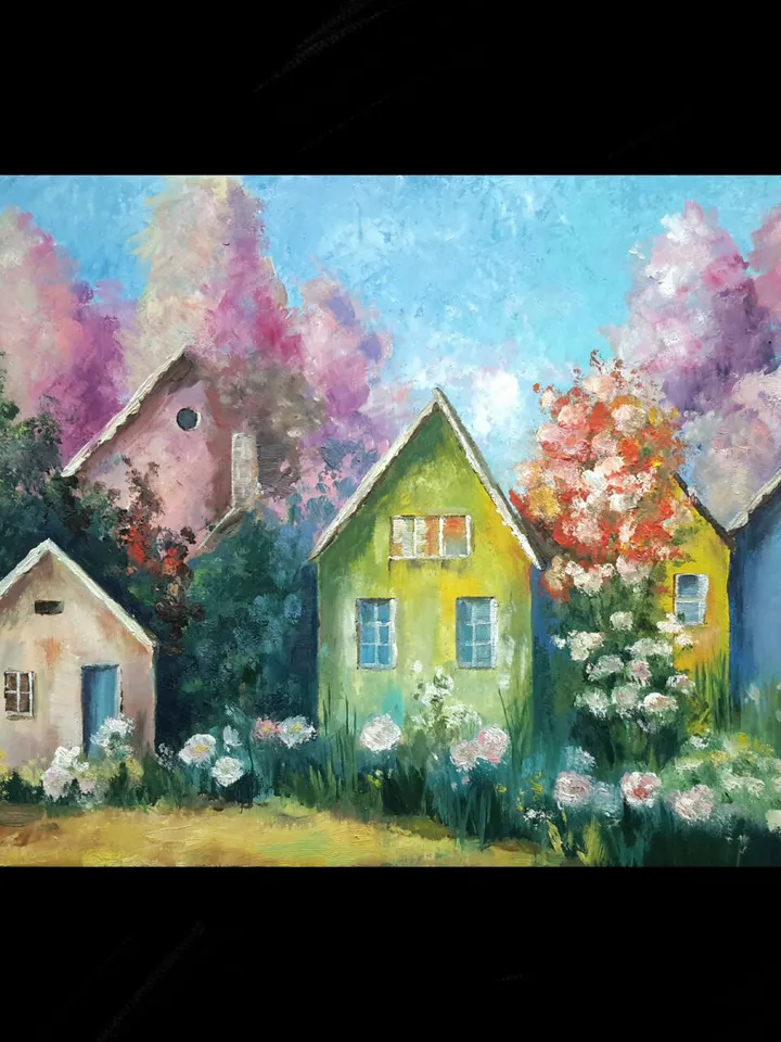 Colorful fairy-tale houses Original Oil Painting.