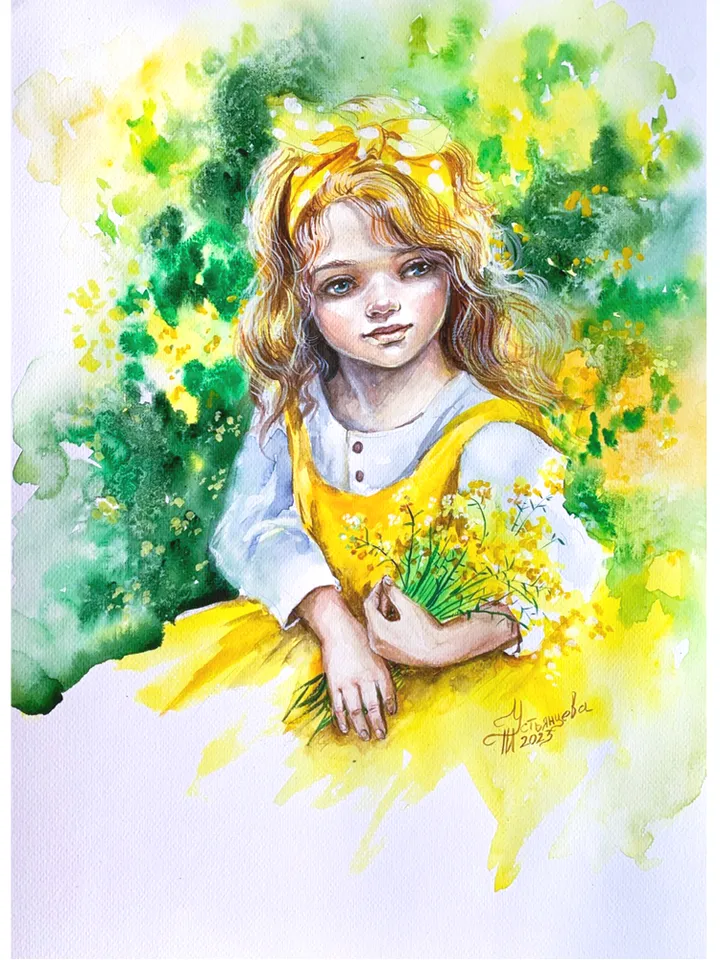 Portrait of a girl, yellow bouquet, watercolor painting