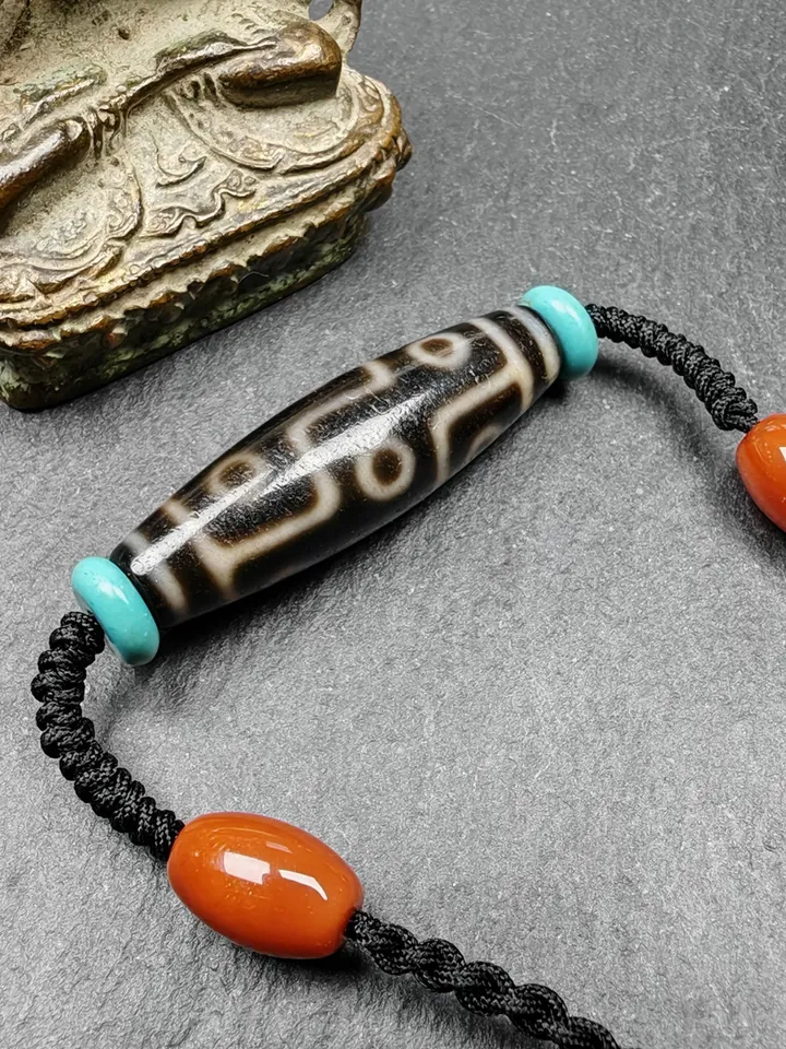 Gandhanra Vintage Tibetan 9 Eyes Dzi Bead Necklace,Protective Charm,Spiritual Gift,1.5" x 0.4"
