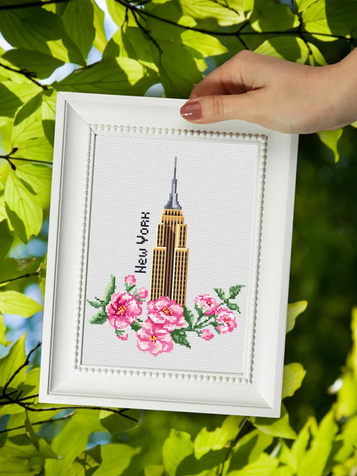 New York city cross stitch pattern download PDF Empire State Building digital Sakura flowers cross stitch chart United State pattern #E13