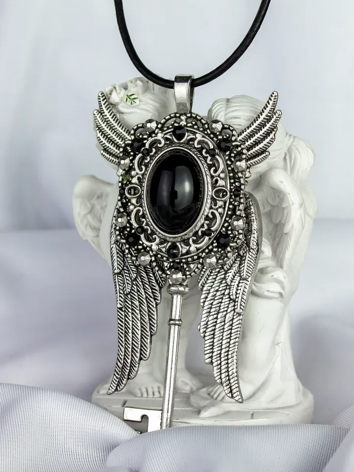 Gothic Winged Key Necklace with Black Obsidian and Swarovski Crystals – Vintage Steampunk Jewelry