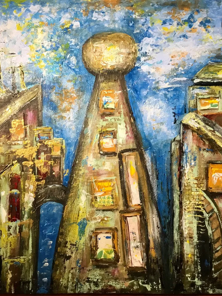 Sky town,original mix media painting on cardboard,collage and acrylic painting,fantasy cityscape,wall art.