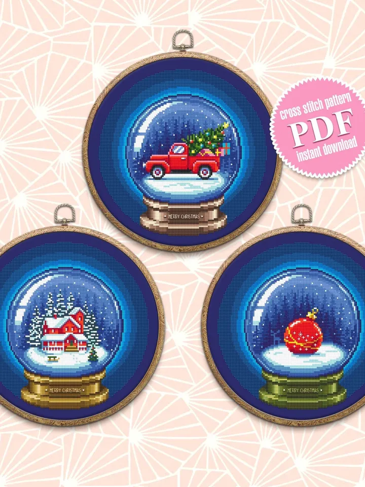 Merry Christmas cross stitch pattern PDF download Set of Snow ball cross stitch chart, Christmas pattern digital PDF, Vintage red truck #N62