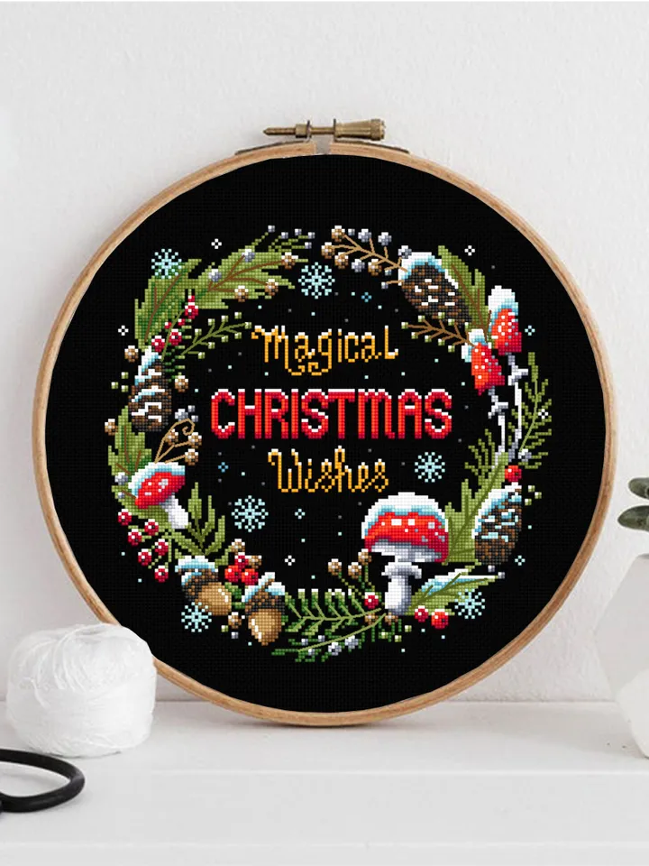 Christmas wreath cross stitch pattern download PDF Magic mushroom cross stitch chart, Holiday embroidery, Christmas pattern digital PDF #N66