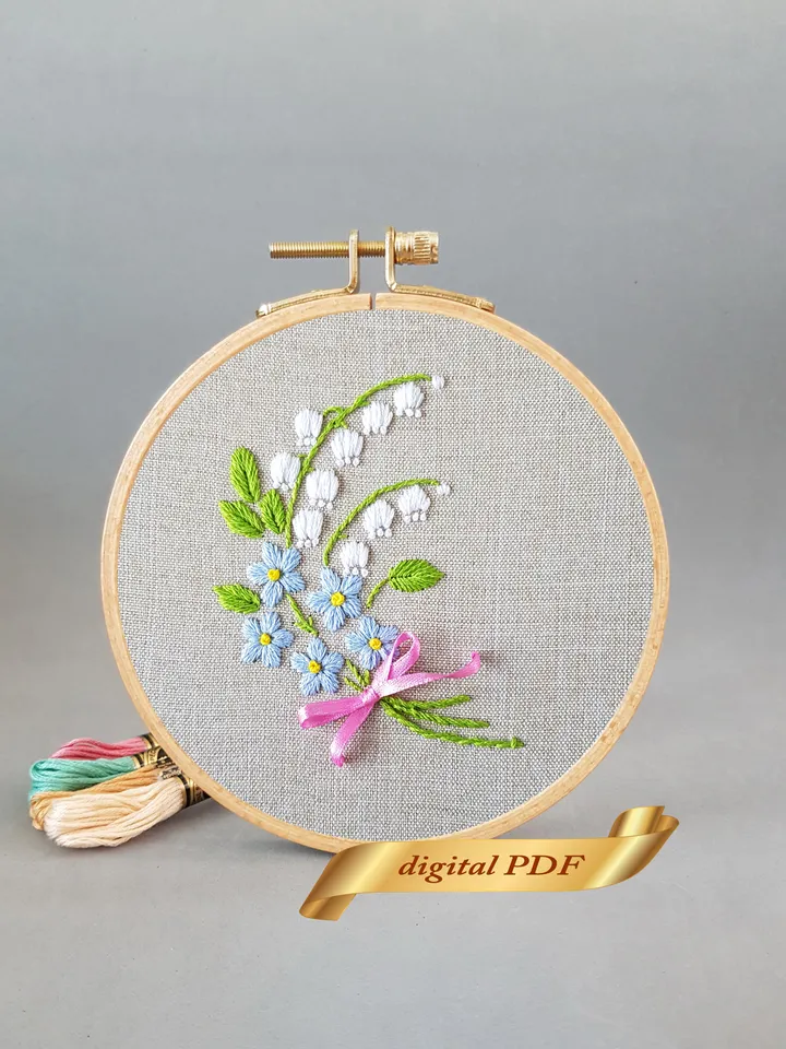 Bouquet of lilies of the valley hand embroidery, Floral pattern PDF