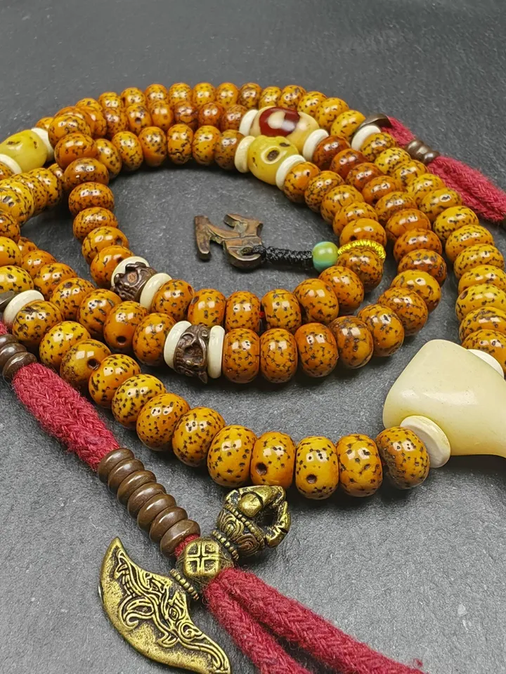 Authentic Tibetan Prayer Beads, Old 8+mm 108 Lotus Seed Mala Necklace - Handcrafted Tibetan Rosary with Unique Mix of Treasures