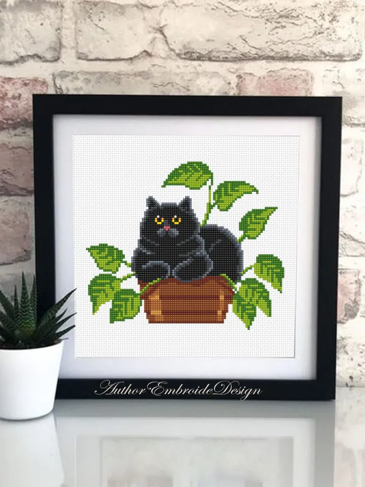 Black cat and plants cross stitch pattern PDF download House plant cross stitch chart, Funny cat pattern digital PDF, Cat lover gift #K45