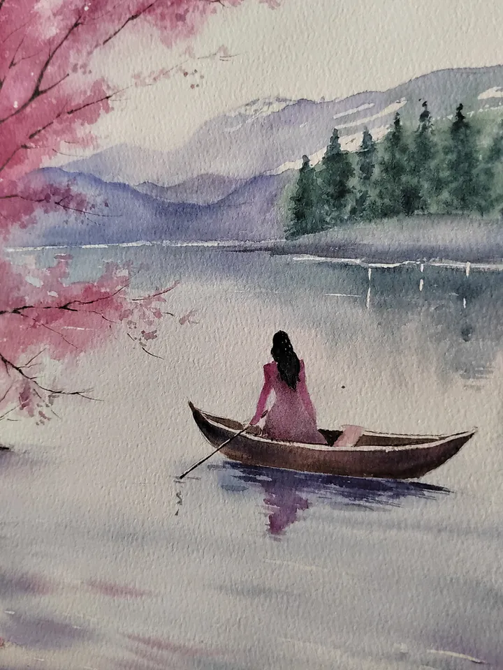 Original Watercolor Painting Japan Landscape Art Sakura Blossoms Artwork 27x39 cm by SoftWaves
