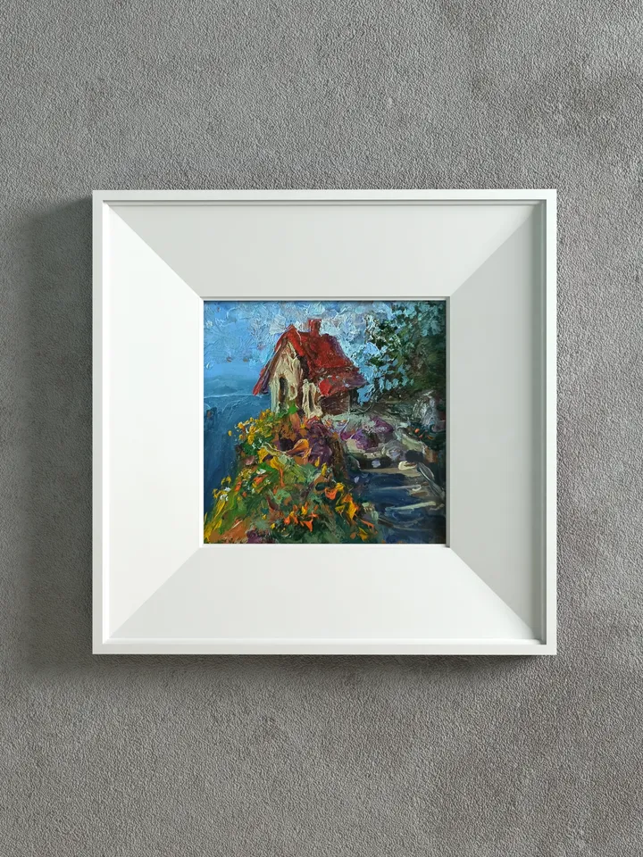 The Small House On The Ocean, oil, cardboard, 4x4" 🏡