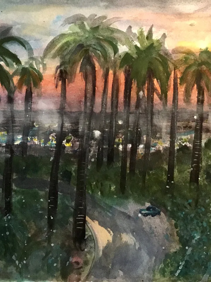 Los Angeles original watercolour painting,sunset palm trees painting,wall art,city painting,USA painting,unique handmade watercolor art.