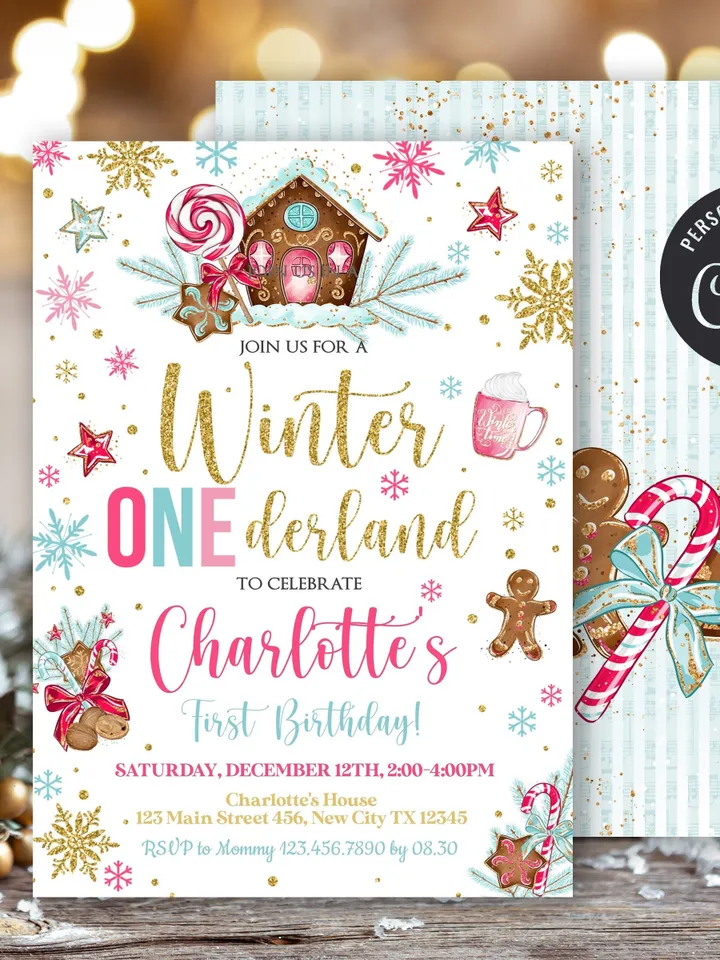 Winter Onederland Invitation Girl 1st Birthday Invitation, Gingerbread Birthday Winter Wonderland Birthday Invitation, Editable Template