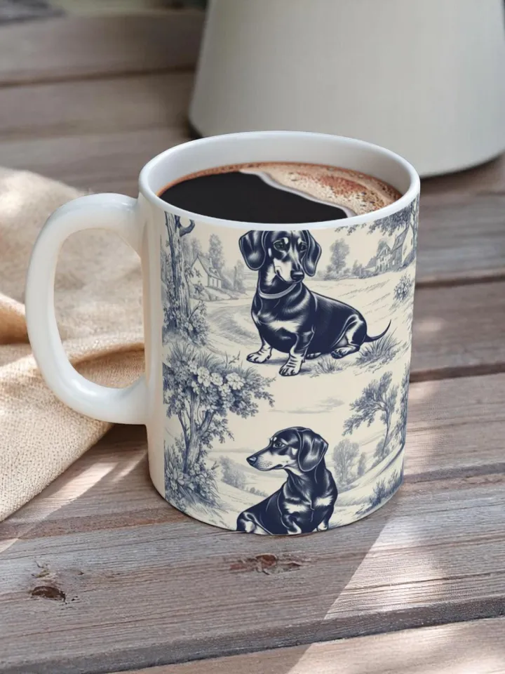 Dachshund French Toile de Jouy Mug - Blue Toile Coffee Cup for Doxie Mom, Sausage Dog Lover Gifts, Dog Tea Drinkware, Dog Mom Gift