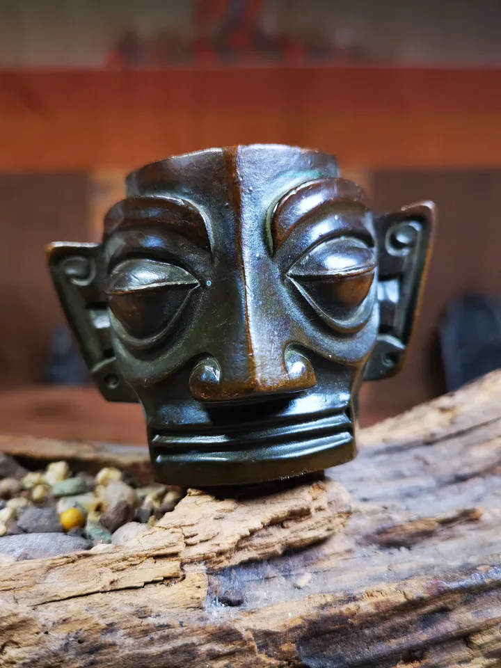 Gandhanra Replica Bronze Head Mask from Sanxingdui Ruins,4.7cm Height,Made of Red Copper,40 Years Old