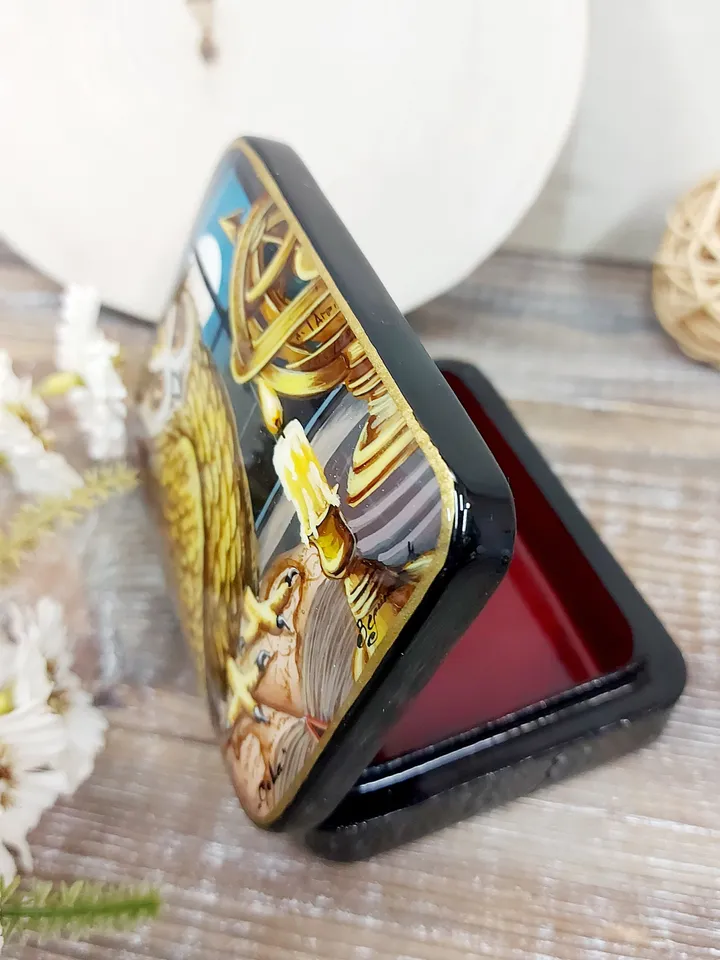 Jewelry lacquer box: Wisdom owl on writing desk • Handmade keepsake box for teacher • Original casket box with wizard bird for jewelry