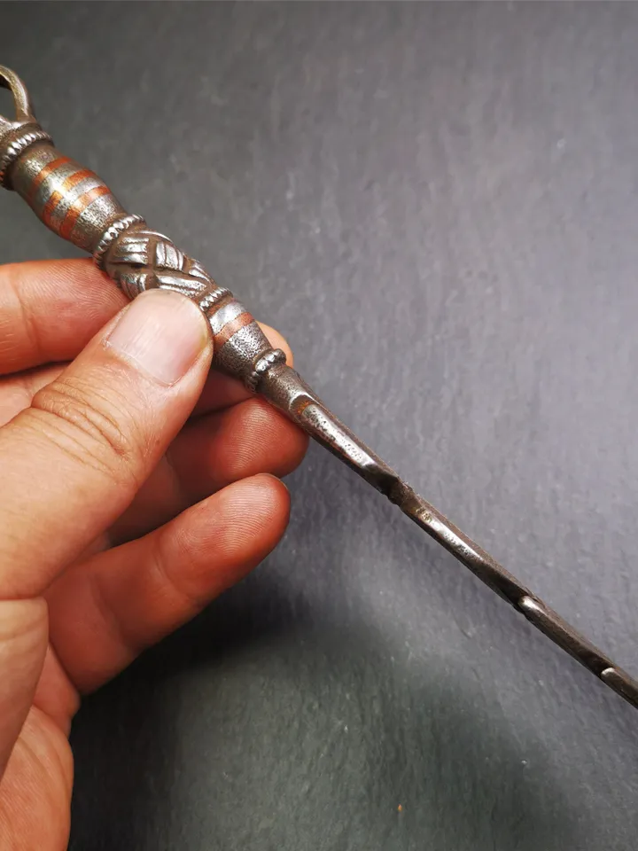 Gandhanra Handmade Tibetan Buddhist Ritual Implement - Kila -Dorje Phurba,Made of Cold Iron inlaid Copper,7.8"