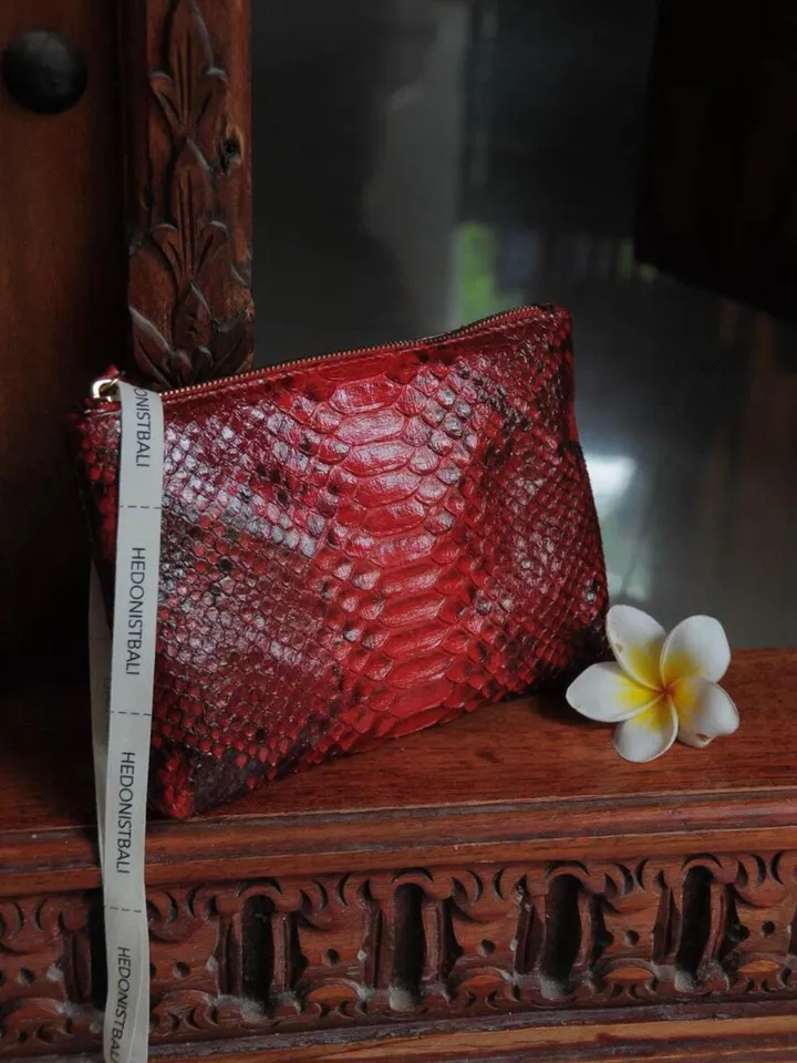 Genuine python skin red cosmetic bag/ Purse Insert Organizer/ Bag Insert For Tote Bag/ exotic leather wallet / small snake skin clutch