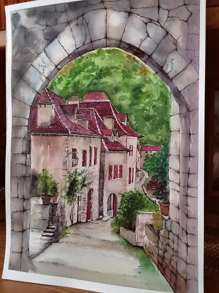 Saint-Cirq Lapopie Original Artwork Old French Village Watercolor Painting 11.81x15.74 in by Art Café