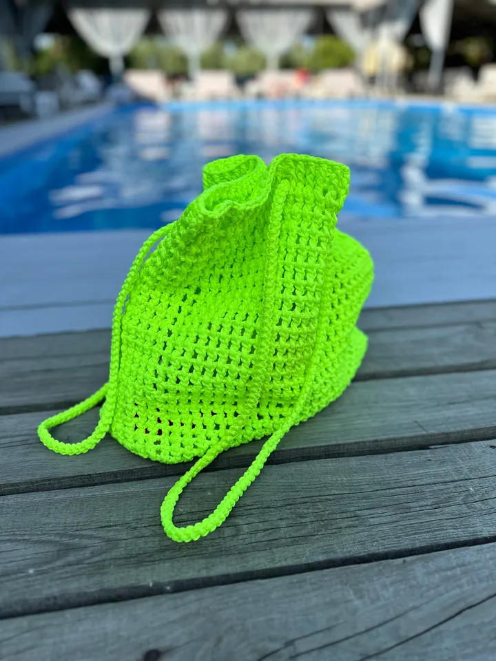 Women Bright Large Beach Net Bag With Polyester Cord in Lime Green, Tote Hippie, Boho Purse, Handbag, Mash Bag