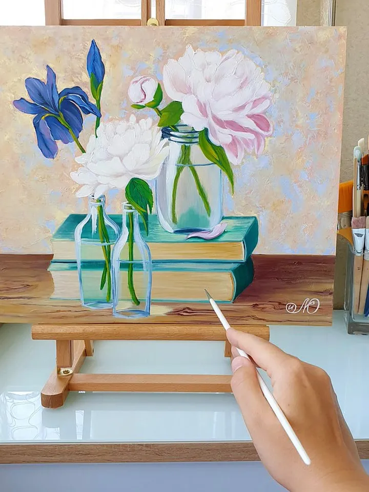 Peony Painting Books Original Art Flowers in Vase Still Life Art Oil Painting