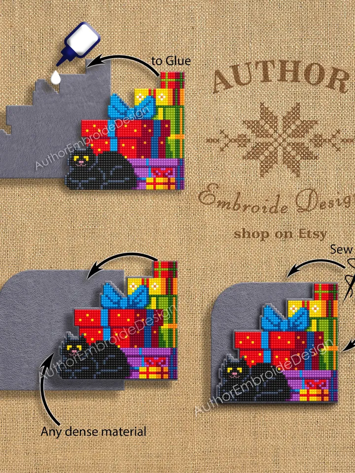 Christmas corner bookmark cross stitch pattern PDF download Christmas gift boxes and black cat cross stitch chart, Bookmark pattern #B389