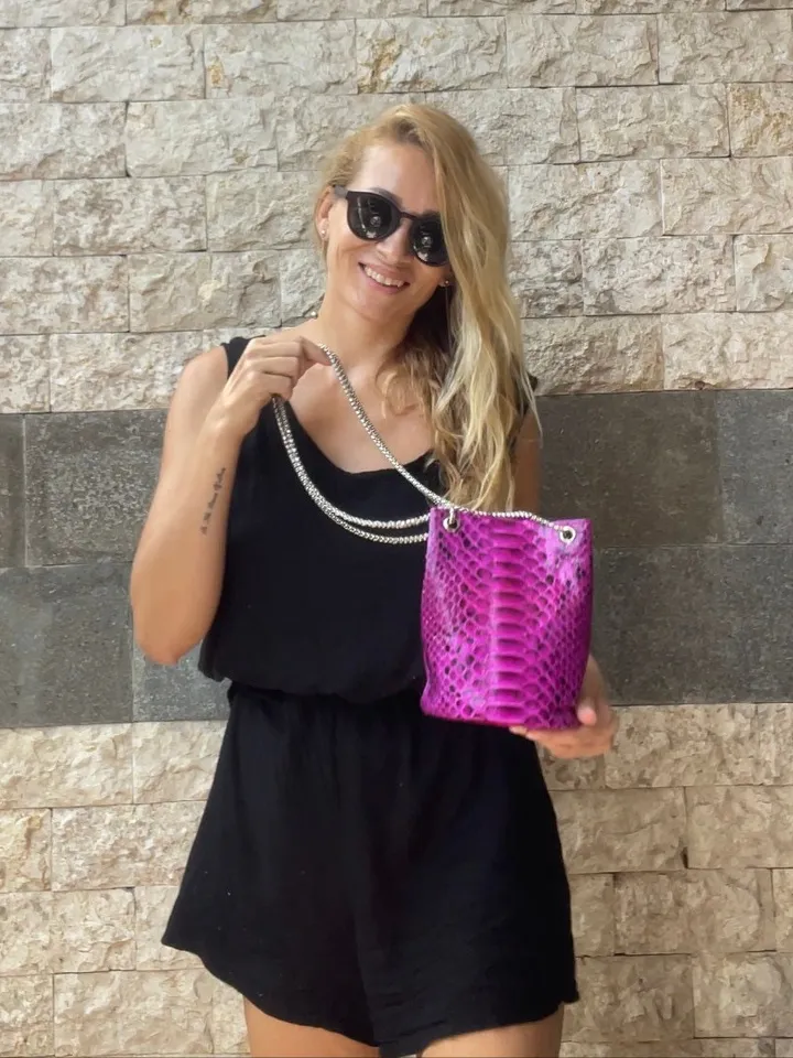 Genuine python skin bucket fuchsia chain bag / designer women purse / summer soft bag / exotic leather bags free shipping / gift for her