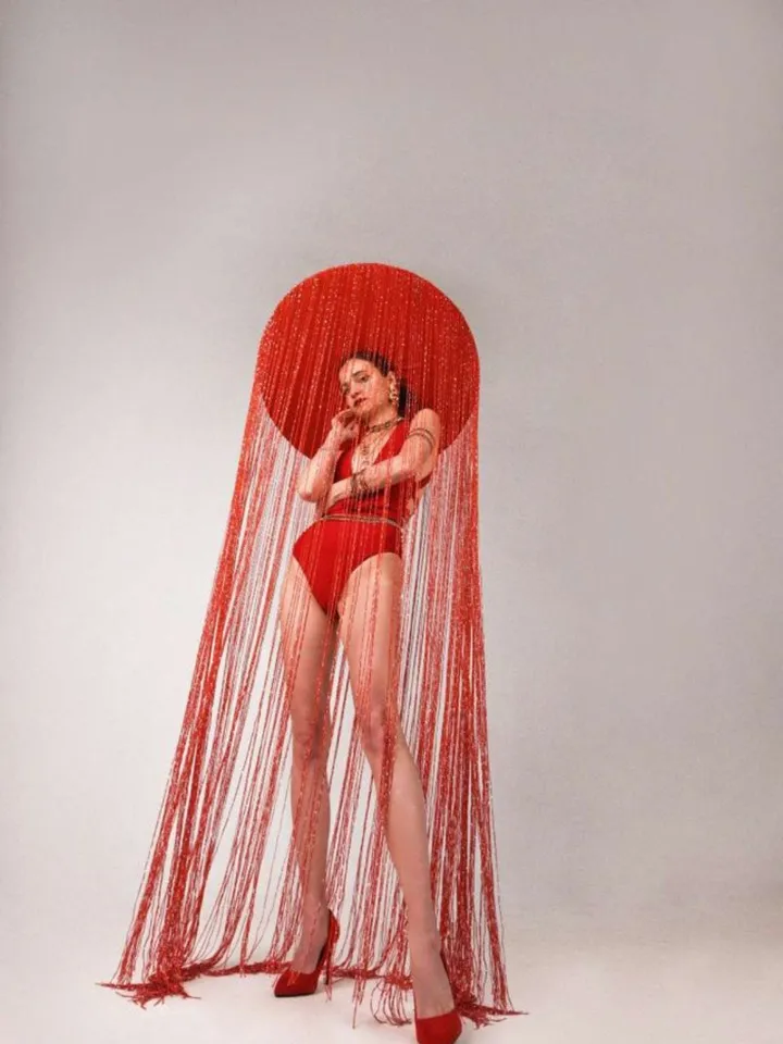 fringe hat, photo shoot hat, red hat, prop hat, futuristic costume, party hat