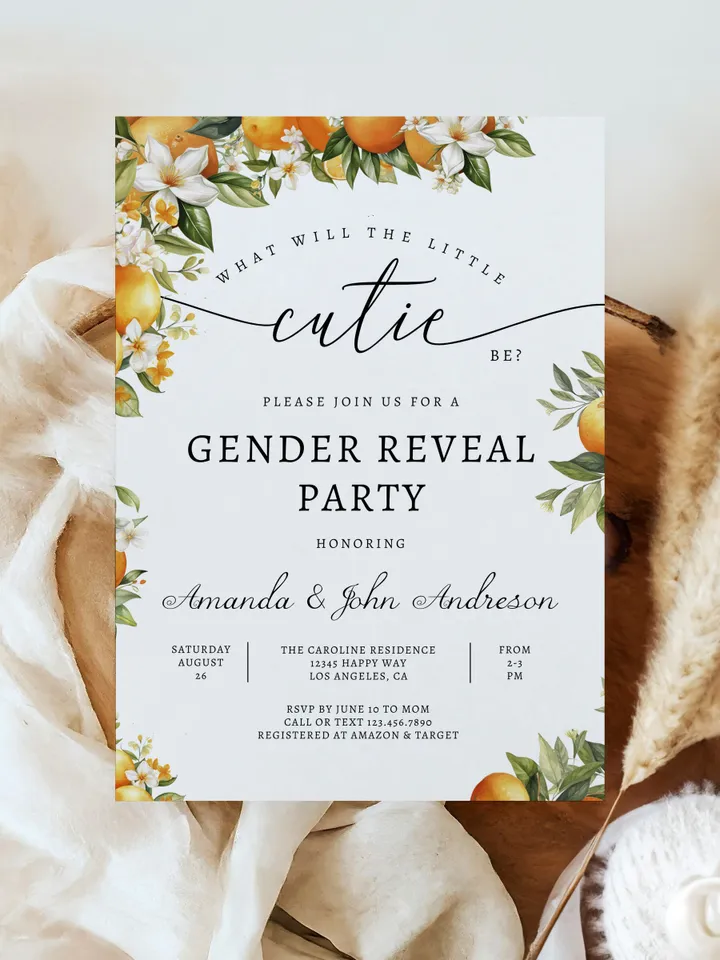 Editable Orange Gender Reveal Party Invitation A Little Cutie is on the Way Citrus Gender Reveal Invites Template Instant Download - I104