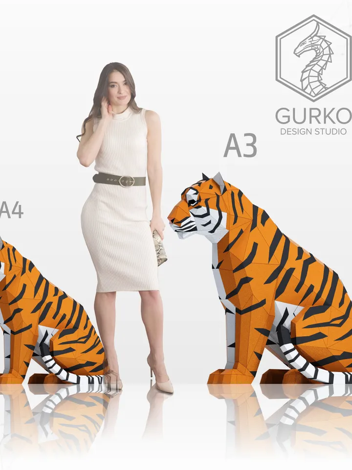 Sitting Tiger Papercraft, Cat, Digital Template, PDF Download, Gurko, 3D Low Poly, Pepakura, DIY Origami Sculpture, Paper Party Decoration