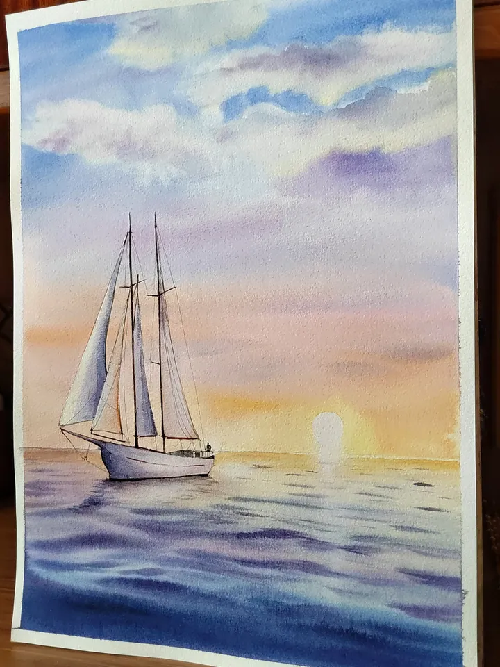 Original Watercolor Painting Sea Landscape Art Sea Sunset Artwork Yacht Picture 30x40 cm by SoftWaves
