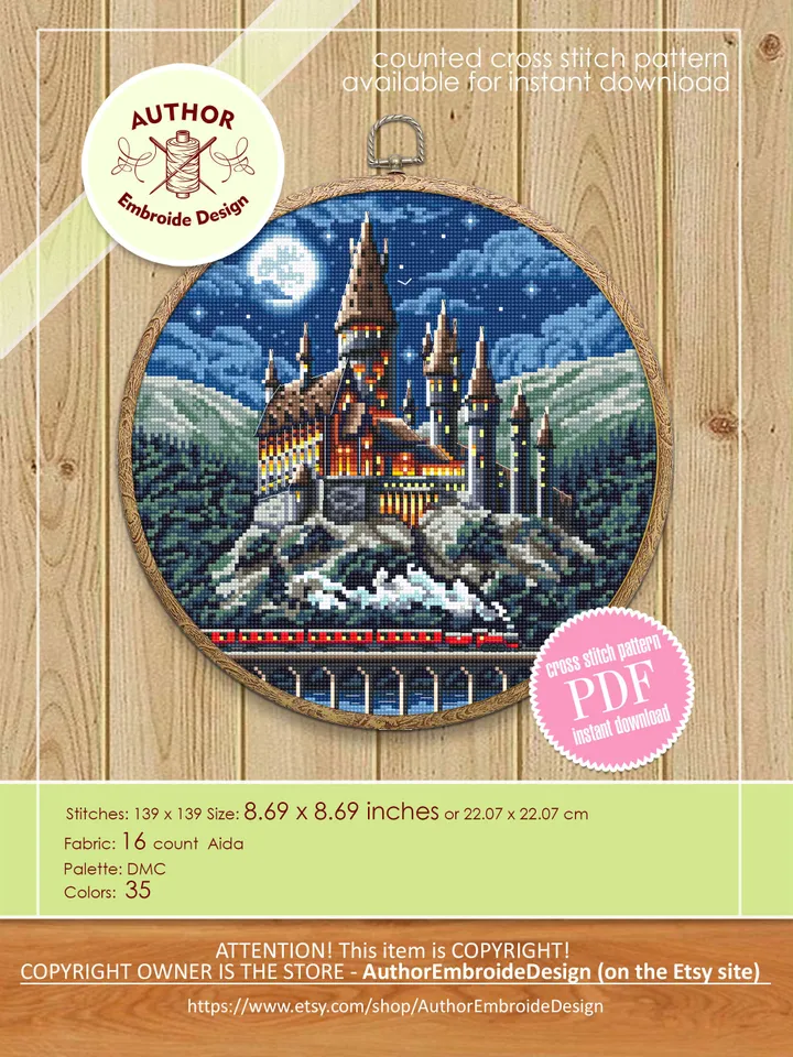 Wizard school cross stitch pattern PDF download Night magic castle cross stitch chart Magic kingdom pattern digital PDF School of magic #C10